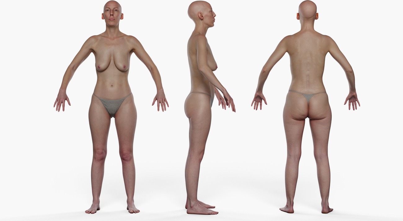 Full body 3D scan of a slim average-build female, retopologised quad mesh with PBR skin textures